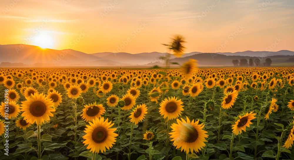 Fototapeta premium Sunrise Over a Field of Sunflowers A Beautiful Landscape of Blooming Flowers in the Morning Light