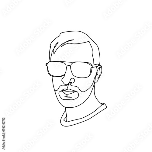 Minimal one line portrait of man wearing sunglasses and short beard. Modern continuous line artwork showing male face in minimalist style, elegant contour design for fashion or creative projects