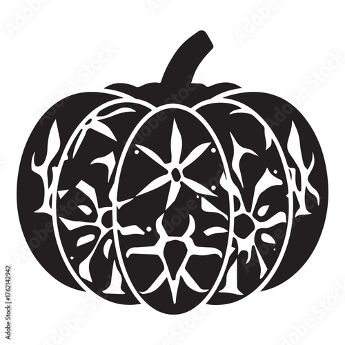 Intricate black and white silhouette of a decorative pumpkin with carved floral and star patterns for halloween or autumn celebrations