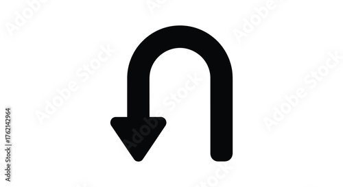 A simple black u turn arrow symbol shown in a stark silhouette against a white background indicating a direction change or reversal silhouette