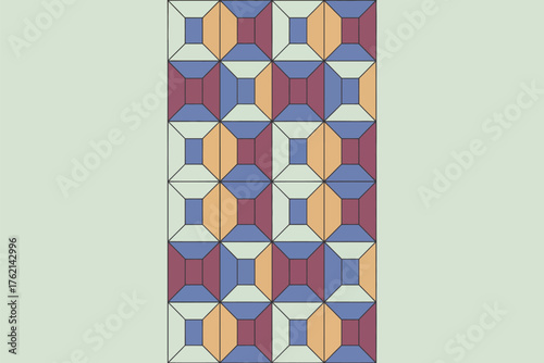 Geometric pattern with repeating shapes in blue orange red and light green on a light green background