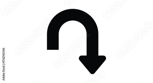 A stark black silhouette of a u turn arrow pointing downwards against a white background representing a reversal or change of direction