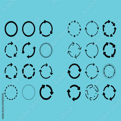 Diverse collection of circular arrow icons illustrating cycles processes and repetition in multiple artistic styles and contemporary designs isolated on white background
