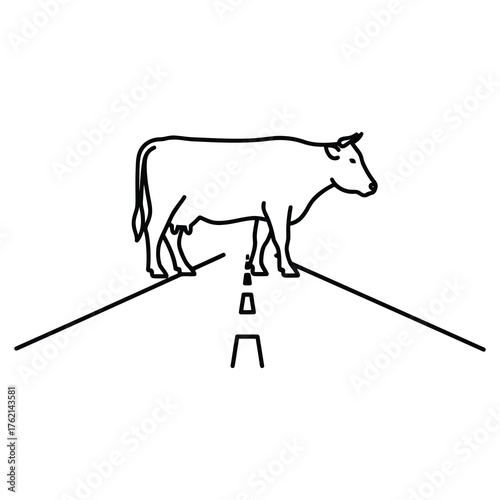 Cow standing on a road in line drawing style