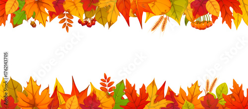 Autumn foliage vector border frame with berries and acorns, oak, maple, aspen and birch leaves in red, orange, brown and yellow colors. Autumn fall seasonal border. Template with cartoon foliage