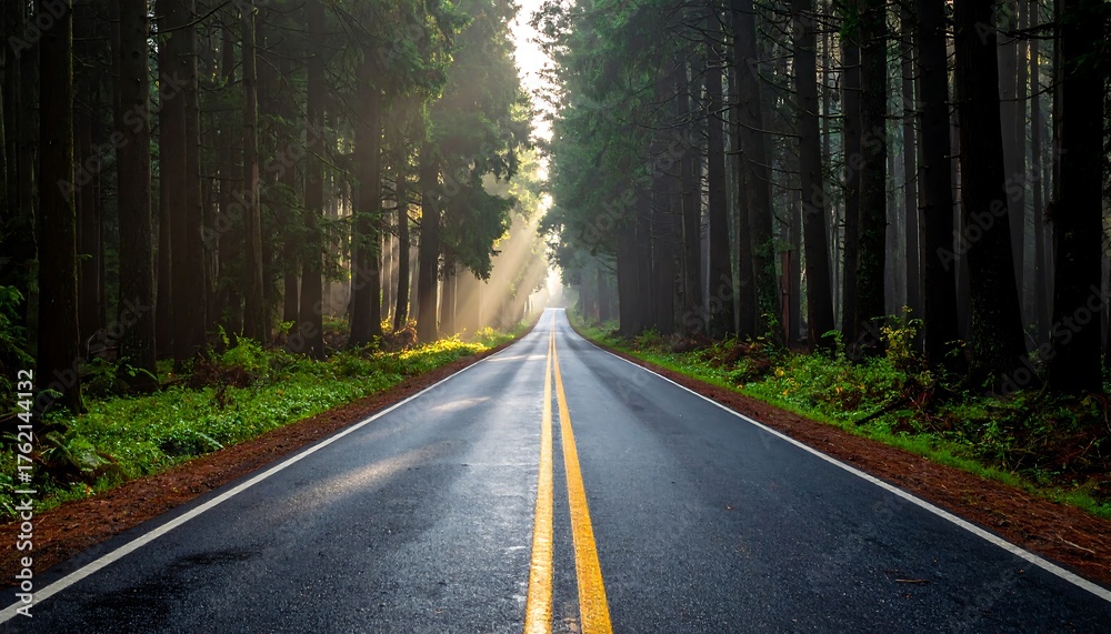 Fototapeta premium An empty asphalt road stretches toward the light between tall, verdant trees, illuminated by sunlight streaming through the canopy
