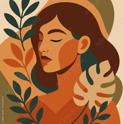 Stylish woman portrait in a serene mood surrounded by abstract leaves in vibrant colors