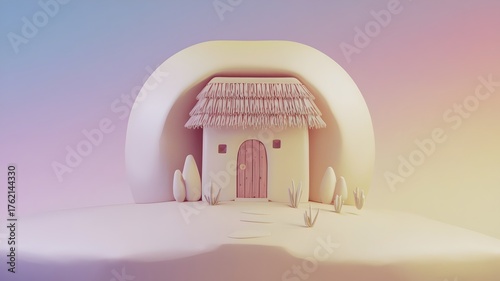 Minimal 3D Pastel House on Hill Scene