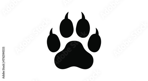 A stark black silhouette of a single animal paw print with distinct claw marks on a white background