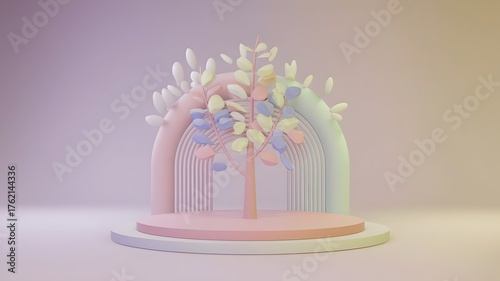 Pastel 3D Tree Scene with Soft Gradient Background