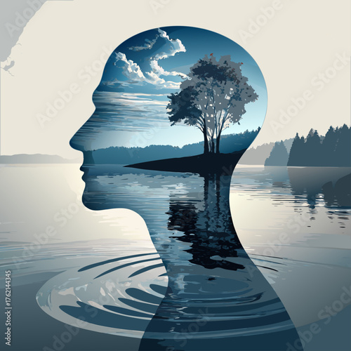 Double exposure of a human head and a serene lake, A concept of inner peace and mindfulness, Vector illustration - Generative AI
