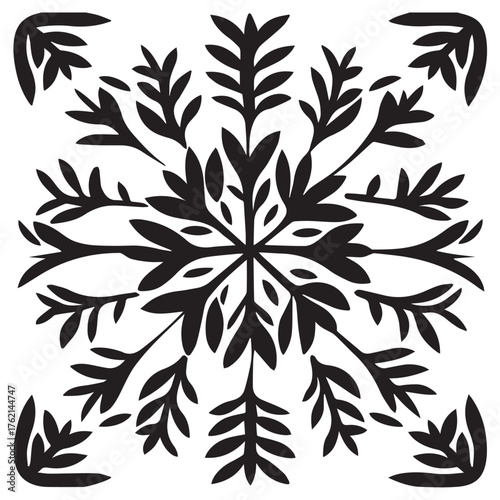 Intricate black silhouette of a stylized snowflake or floral mandala design with symmetrical branching leaves and a central starburst pattern