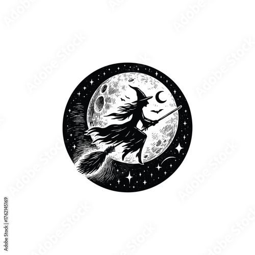 Vintage engraving illustration of Flying Witch Silhouette Over Full Moon