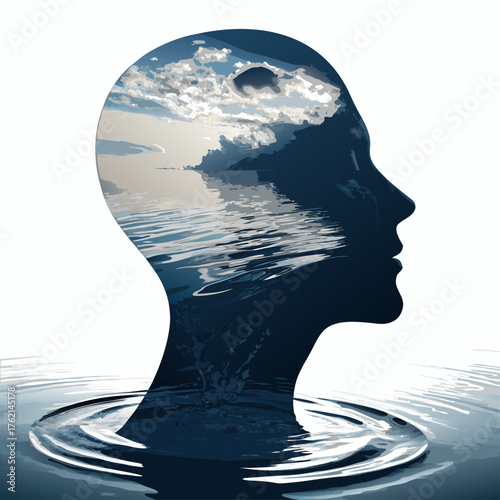 Double exposure of a human head and a sea landscape, A mental health and psychology concept, Vector illustration - Generative AI
