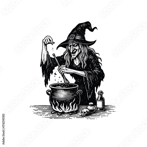 Vintage engraving illustration of Witch Brewing Potion in Cauldron