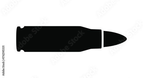 A stark black silhouette of a single bullet cartridge on a white background representing ammunition and weaponry silhouette