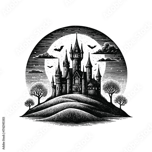 Vintage engraving illustration of Spooky Castle on Hill with Bats