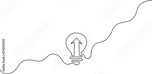 One line drawing of a light bulb with an upward arrow and a growth line