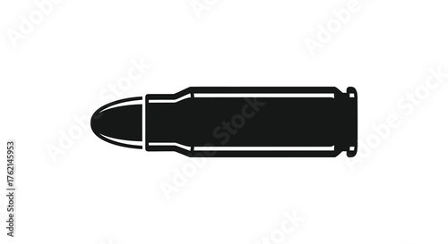 A stark black silhouette of a single bullet cartridge against a clean white background representing ammunition and firearms silhouette