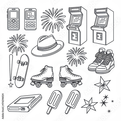 illustration highlighting retro and nostalgic items like roller skates, arcade machine, flip phone, and fireworks symbols. Ideal for themes related to nostalgia and vintage styles