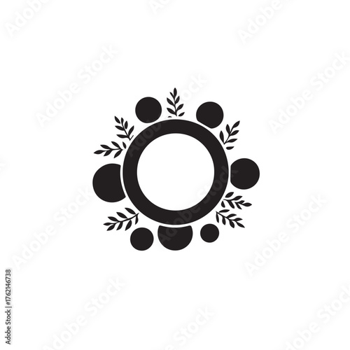 Minimalist black and white abstract circular design with organic leafy elements and geometric circles on white background