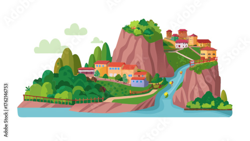 Vibrant scalable vector illustration of a picturesque mountain village with a waterfall and lush greenery perfect for graphics