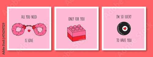 Hand drawn greeting cards set of Valentines Day and Love with typography. Vintage design with romantic elements and stickers. Minimal doodle concept for print, banner, invitation, poster, flyer