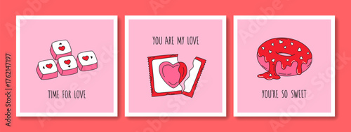 Hand drawn greeting cards set of Valentines Day and Love with typography. Vintage design with romantic elements and stickers. Minimal doodle concept for print, banner, invitation, poster, flyer