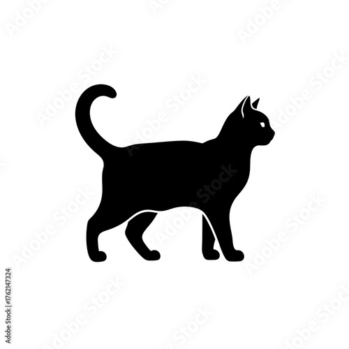 Silhouette of a standing black cat with its tail curled upwards, presented in a clean, minimalist vector graphic against a white background