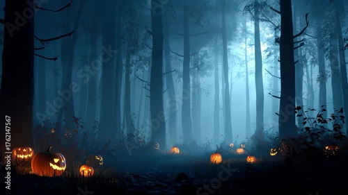 Ultra-realistic illustration of a mysterious forest on Halloween night, fog between the trees, ghostly silhouettes, glowing pumpkins on the ground, full moon illuminating mist