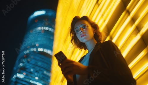 Professional Female Banker Utilizing Smartphone Outdoors By Office Under Yellow Neon Lights, Young Manager Working On Mobile Device Near Skyscraper During Night.