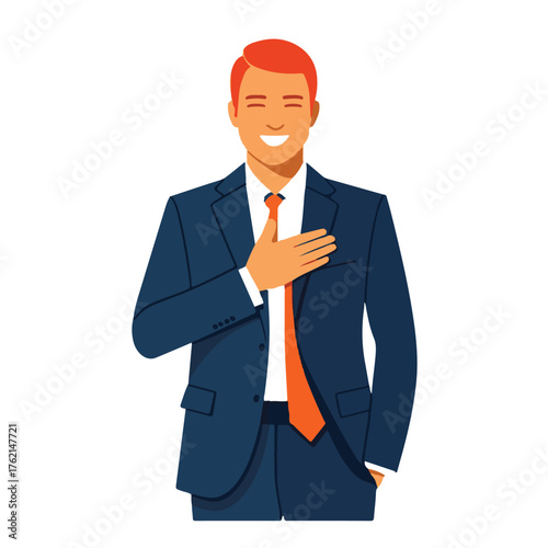 Smiling businessman in a dark blue suit and orange tie places his hand over his heart expressing sincerity and trust