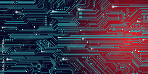 Abstract digital circuit board on an electric blue technological background. Circuit board with connected lines and dots on an abstract digital motherboard.
