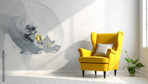 Modern minimalist interior with an yellow armchair on empty white color wall background
1