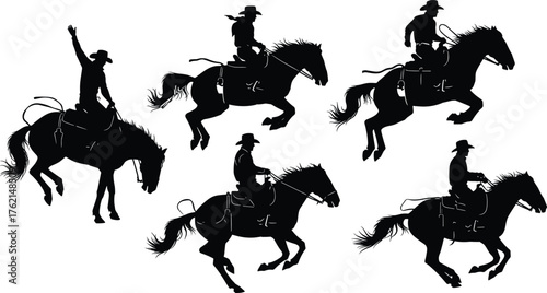 Cowboy rodeo silhouettes, horse riding action, wild west culture, bucking bronco illustration, western cowboy sport, ranch lifestyle, rodeo vector design