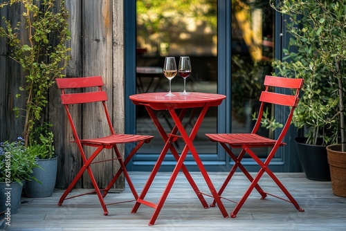 Red outdoor chairs and table on blue window background. Metal furniture with wine glasses