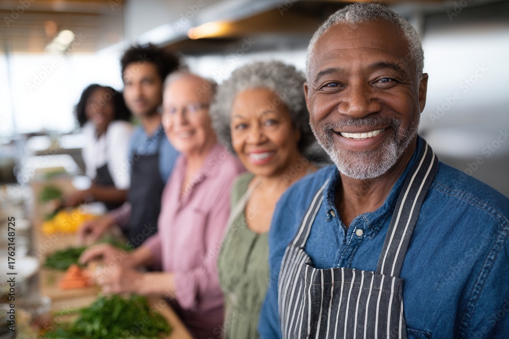 Fototapeta premium A cheerful group of diverse individuals preparing food in a bright kitchen. The atmosphere is friendly and collaborative, showcasing teamwork and culinary skills.
