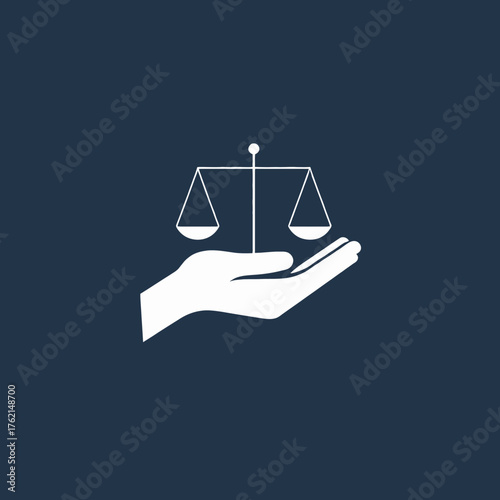 A stylized white hand holding a balanced scale on a dark blue background.