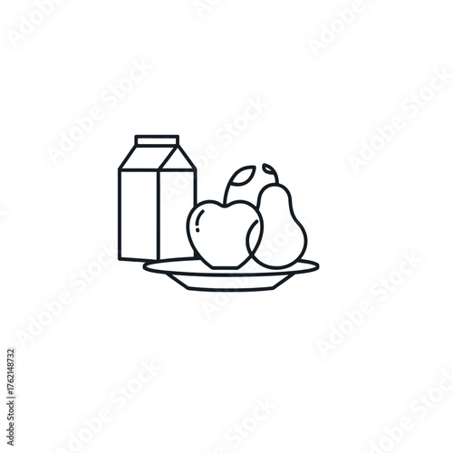 Simple line drawing of a milk carton, apple, pear, and plate, representing a meal.