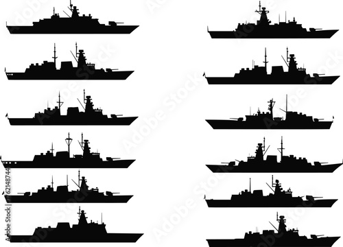 Naval warship silhouettes, military vessel icons, battleship vector set, navy fleet illustration, combat ship design, maritime defense art, ocean warfare graphic
