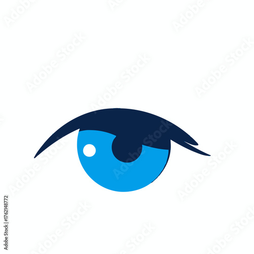 Stylized illustration of a bright blue eye with a dark blue eyebrow and a white highlight on a white background.