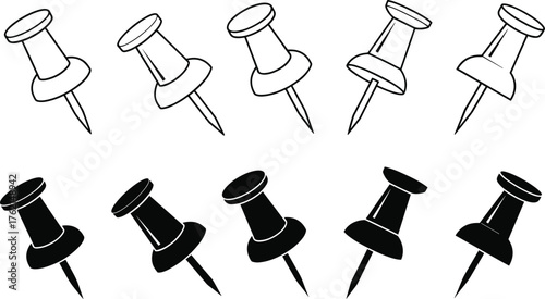 Push pin silhouettes, office stationery icons, thumbtack vector set, black and white illustration, school supplies design, reminder symbol, minimal stationery art