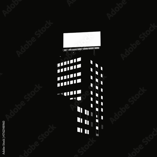 A stark, minimalist depiction of a skyscraper with a blank billboard against a black background.
