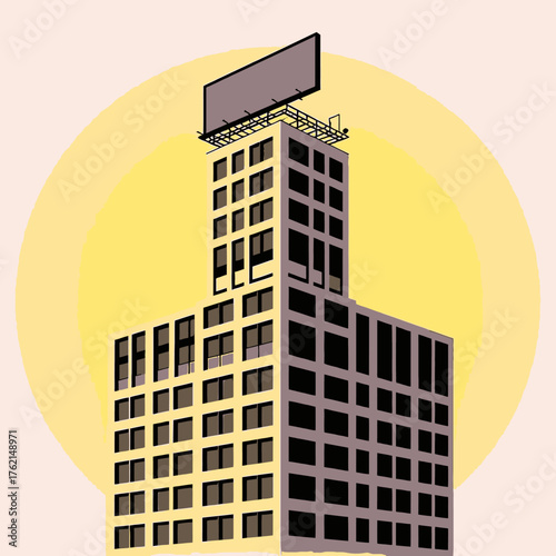 A tall, modern office building with a billboard against a yellow sun.