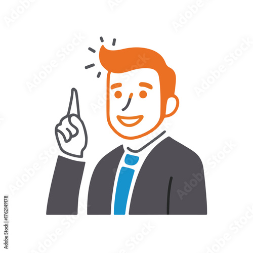 Smiling businessman with orange hair pointing upwards suggesting a new idea or solution