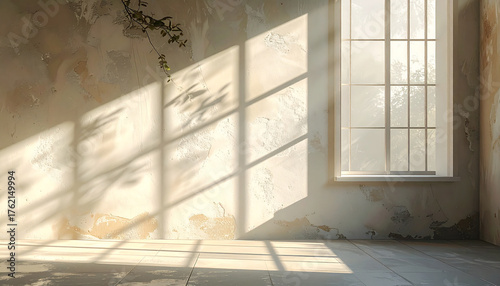 Wall interior background studio and backdrops show productswith shadow from window color white and grey background for text insertion and presentation product
3