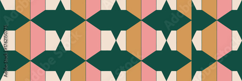 Geometric pattern featuring diamonds hexagons and triangles in shades of green pink beige and tan colors