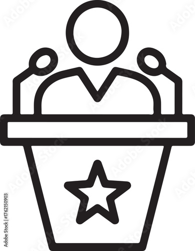 Symbolic representation of a public speaker behind a podium with microphones and a star emblem for political speeches and presentations isolated on transparent background