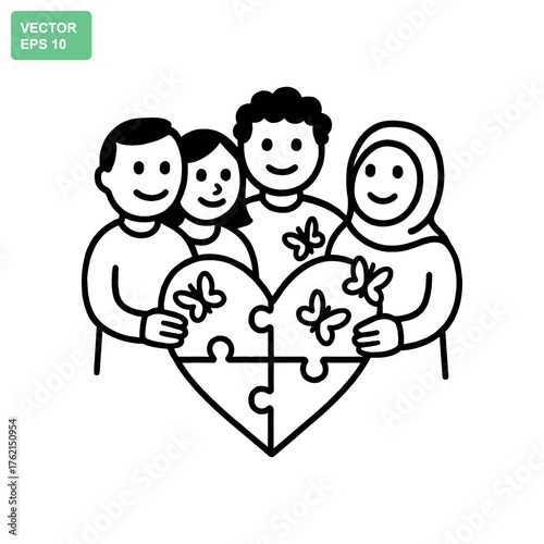 Diverse group of people collaborating to build a heart shaped puzzle for mental health awareness