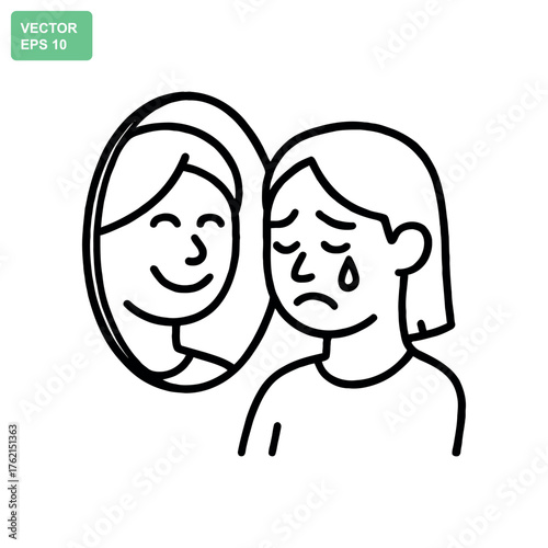 Mirror reflection shows happy face while real face cries hidden emotions concept